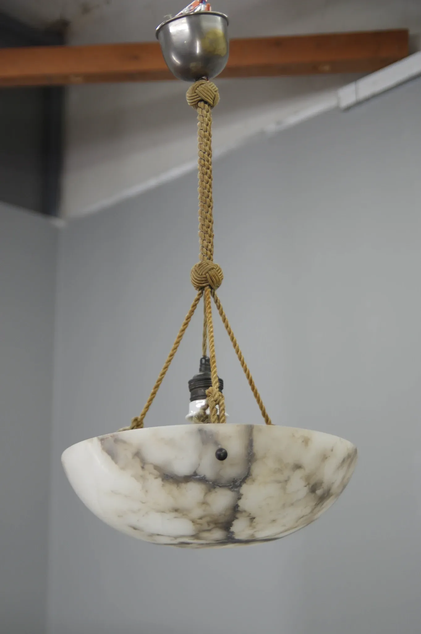 Art Deco Alabaster Pendant Light, Hand-Carved, 1920s