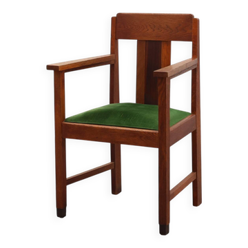 Amsterdamse school oak and velvet side chair, The Netherlands 1920s