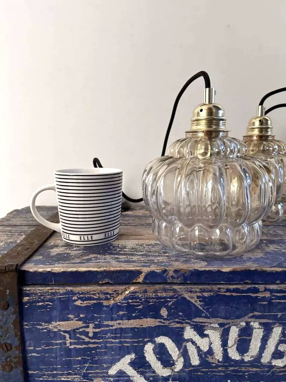 Pair of vintage amber glass pendant lights