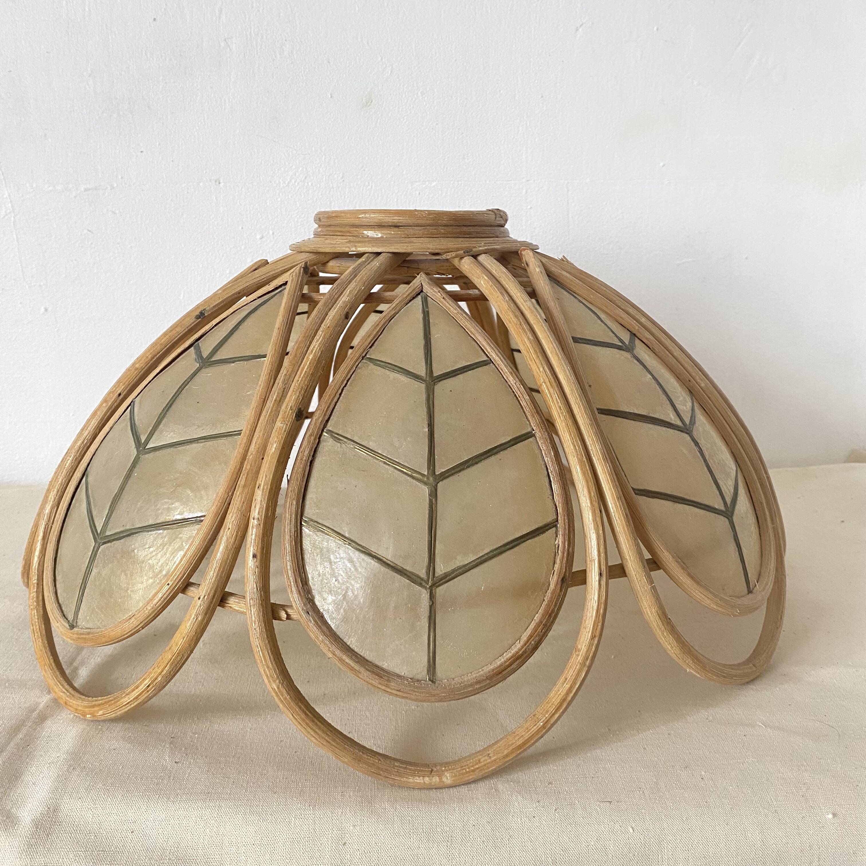Hanging lampshade, mother-of-pearl and rattan pendant light