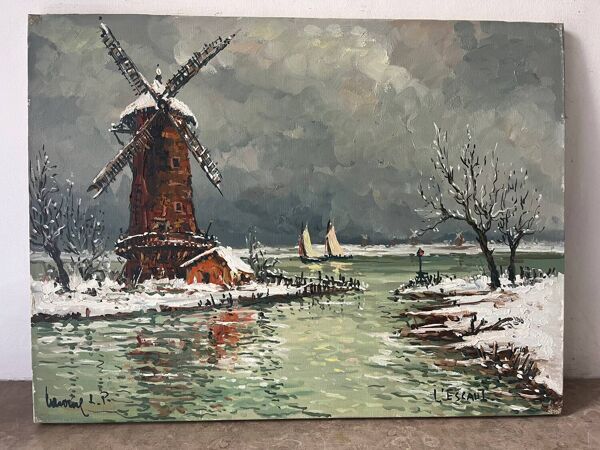 Moulin sur L’Escaut, huile sur toile signée