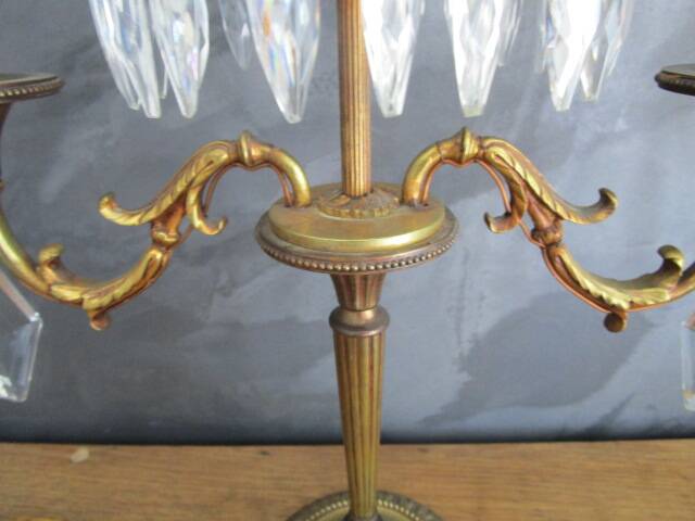 Pair of antique bronze and crystal candelabras - electrified