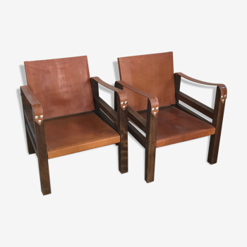 Pair of vintage design safari armchairs 50s