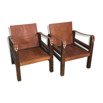 Pair of vintage design safari armchairs 50s