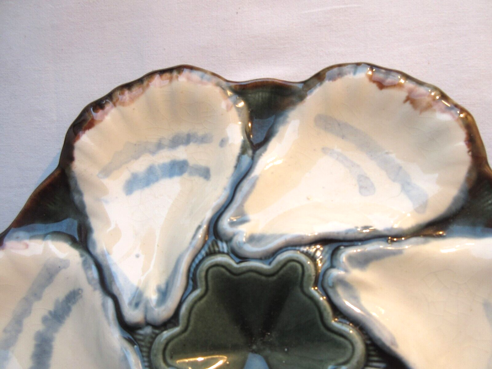 Art Nouveau Deco slurry oyster plate, signed Terre de Fer Longchamp
