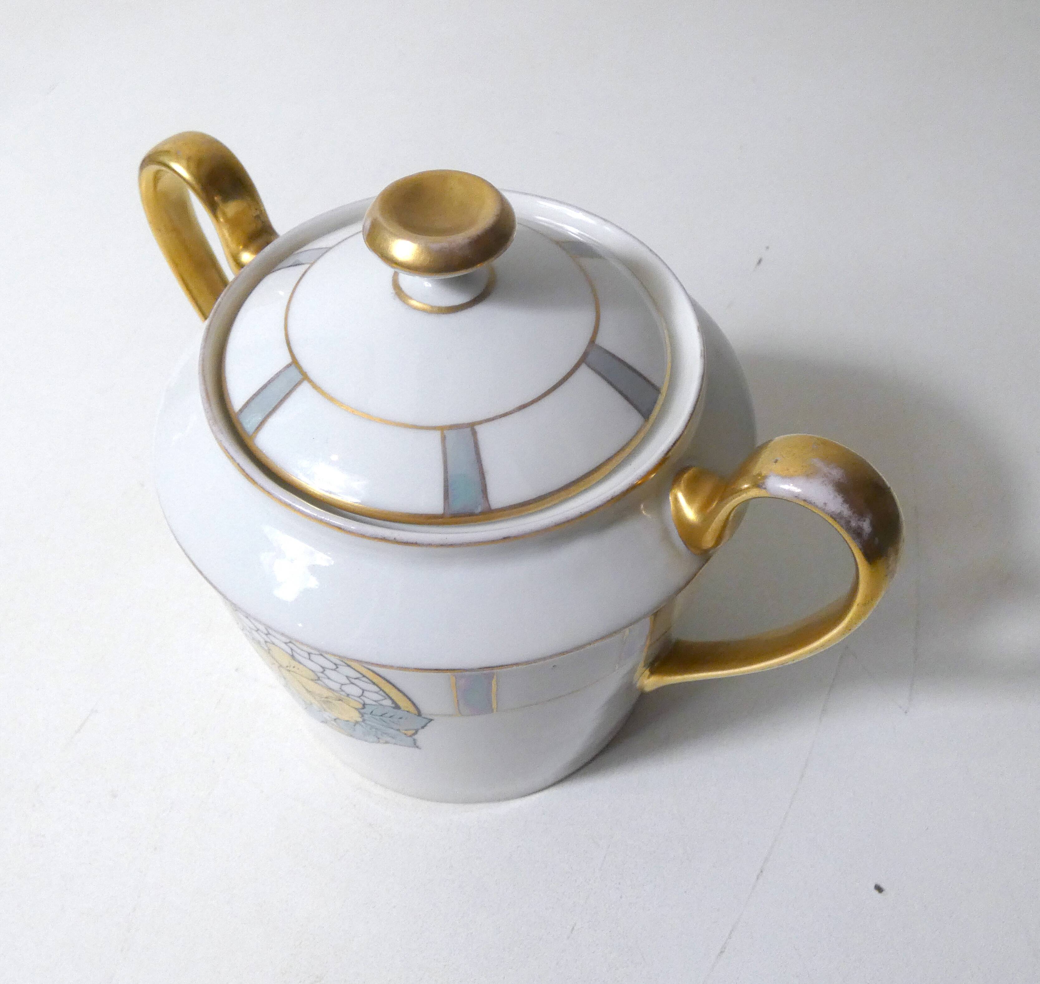 Limoges Ribes porcelain tea and coffee service, gold, silver, iridescent mother-of-pearl, Art Deco