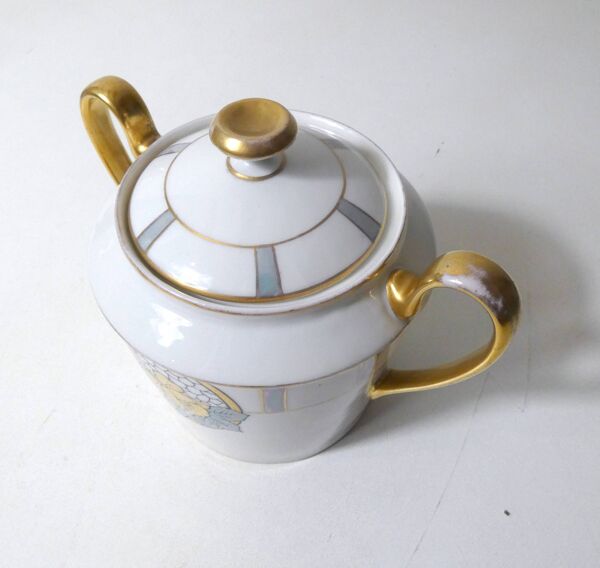 Service café thé Limoges Ribes porcelaine or argent nacre irisé Art Déco