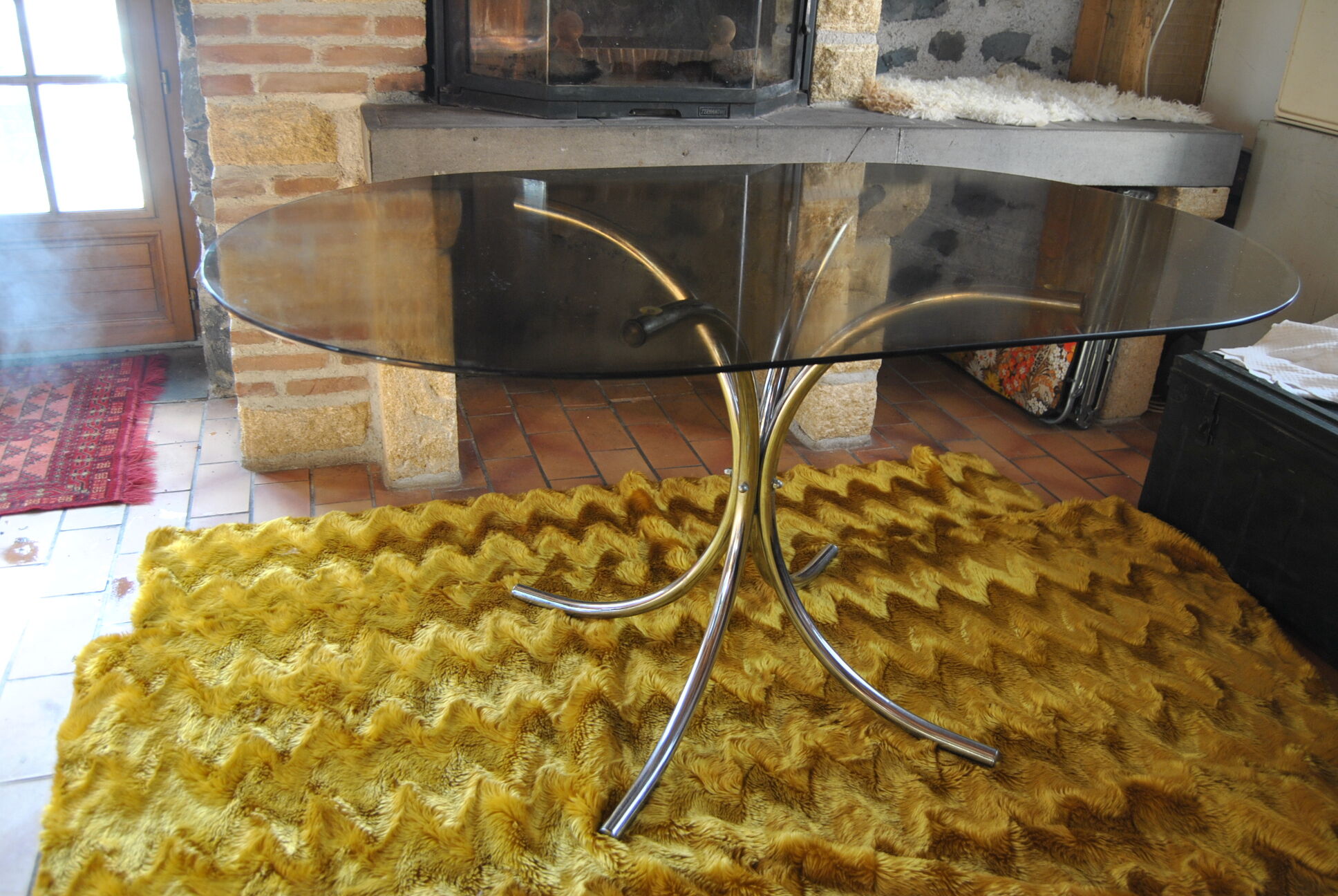 Dining table stainless steel legs and tempered glass top 70s