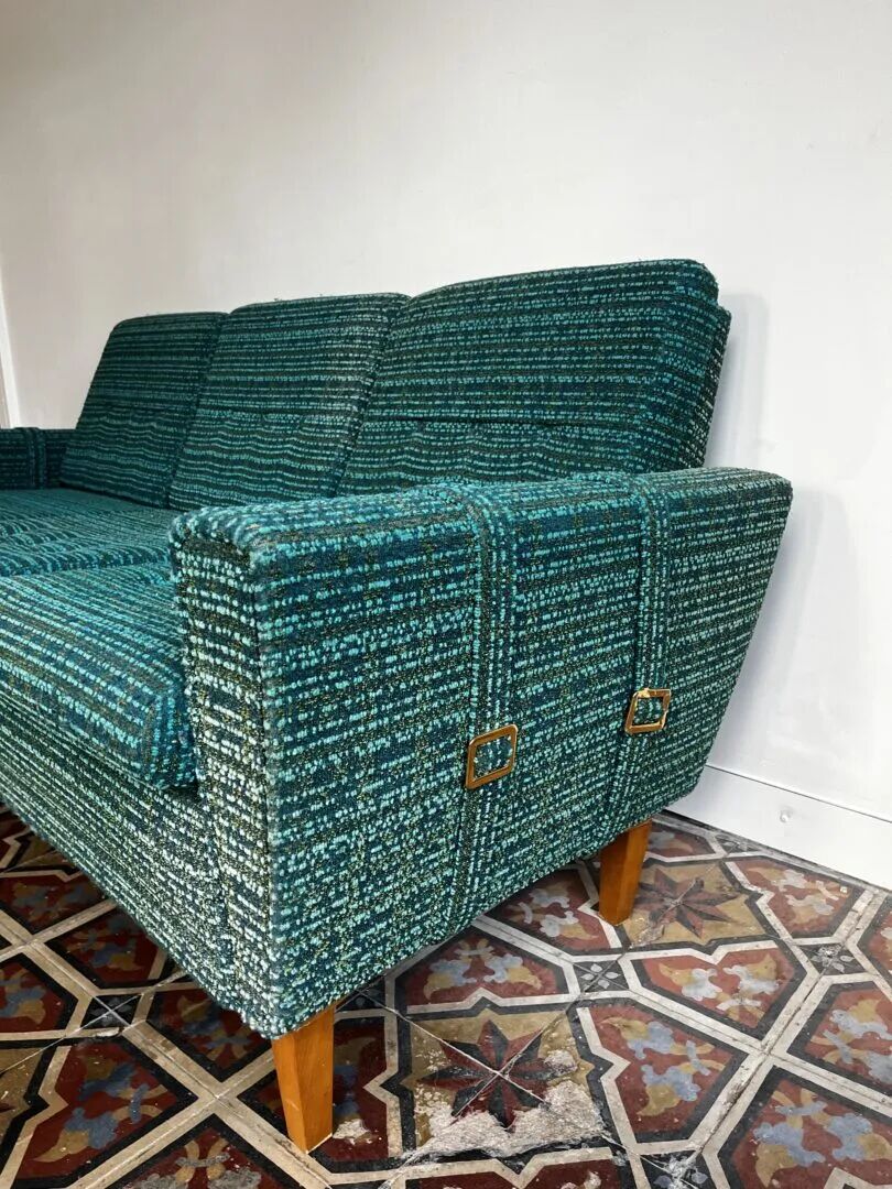 Mid-century sofa, three-seater in turquoise shade