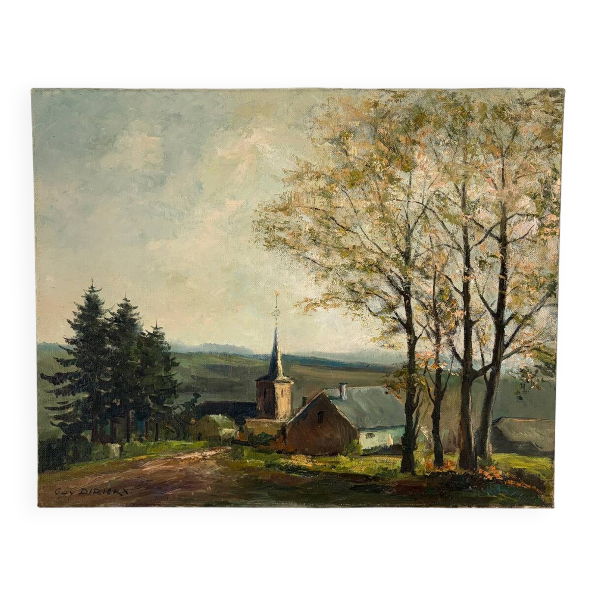 Paysage avec église, huile sur toile signé Guy Dirickx