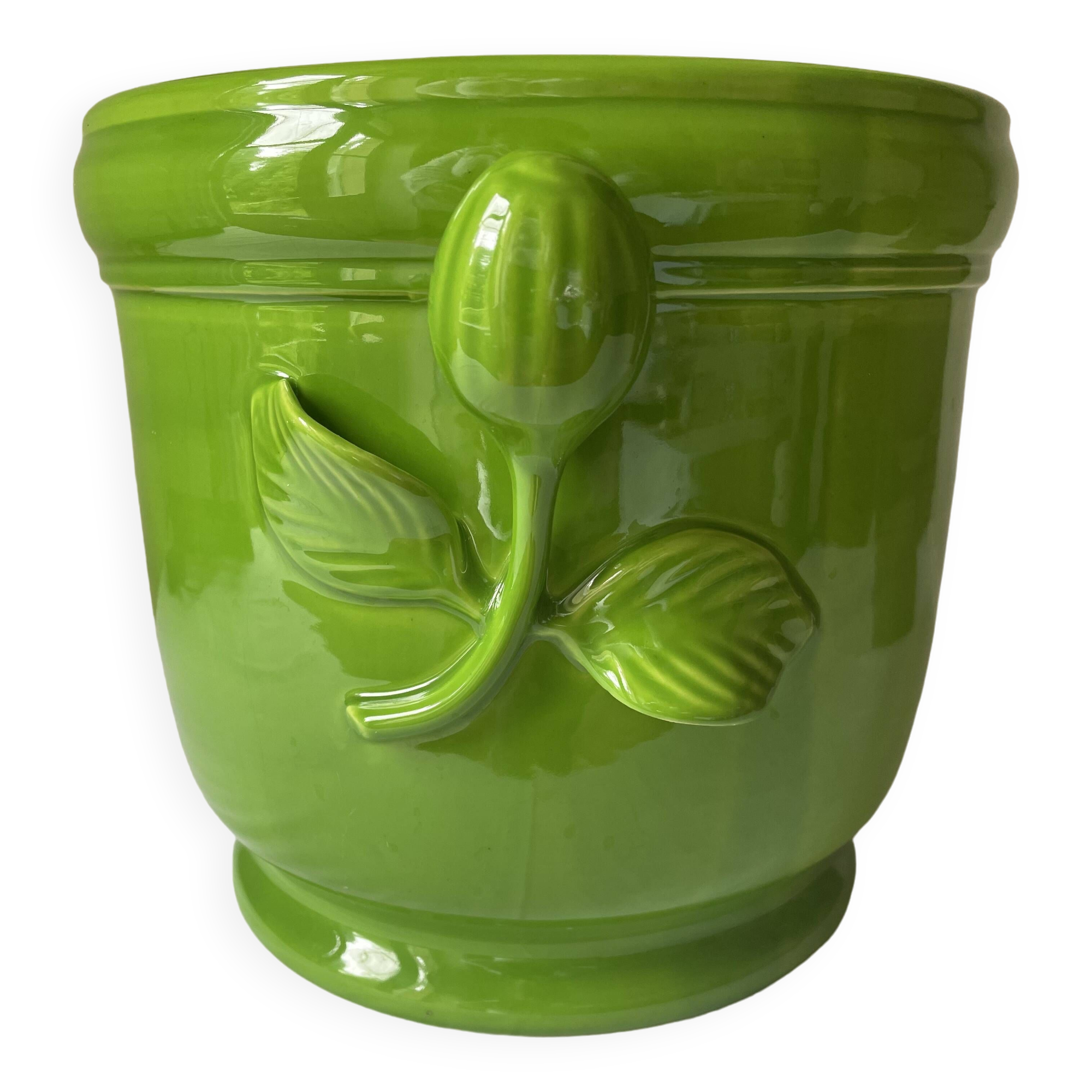 Glazed green pot cover in the style of Moreau Bourg earthenware