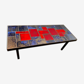 Table basse à carreaux céramique de lave émaillée années 50-60