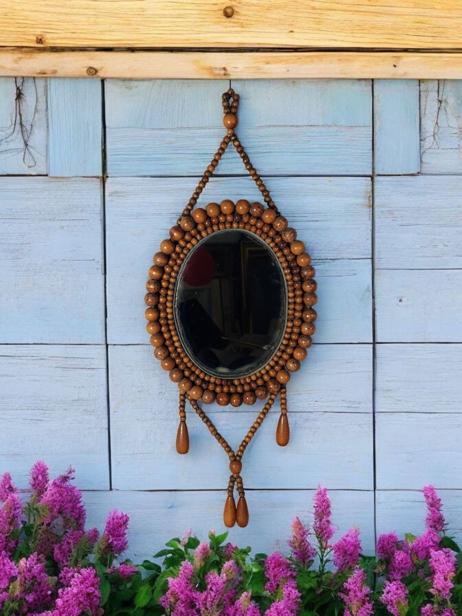 Oval mirror wooden beads, vintage 60/70s to hang 60x22 cm C226
