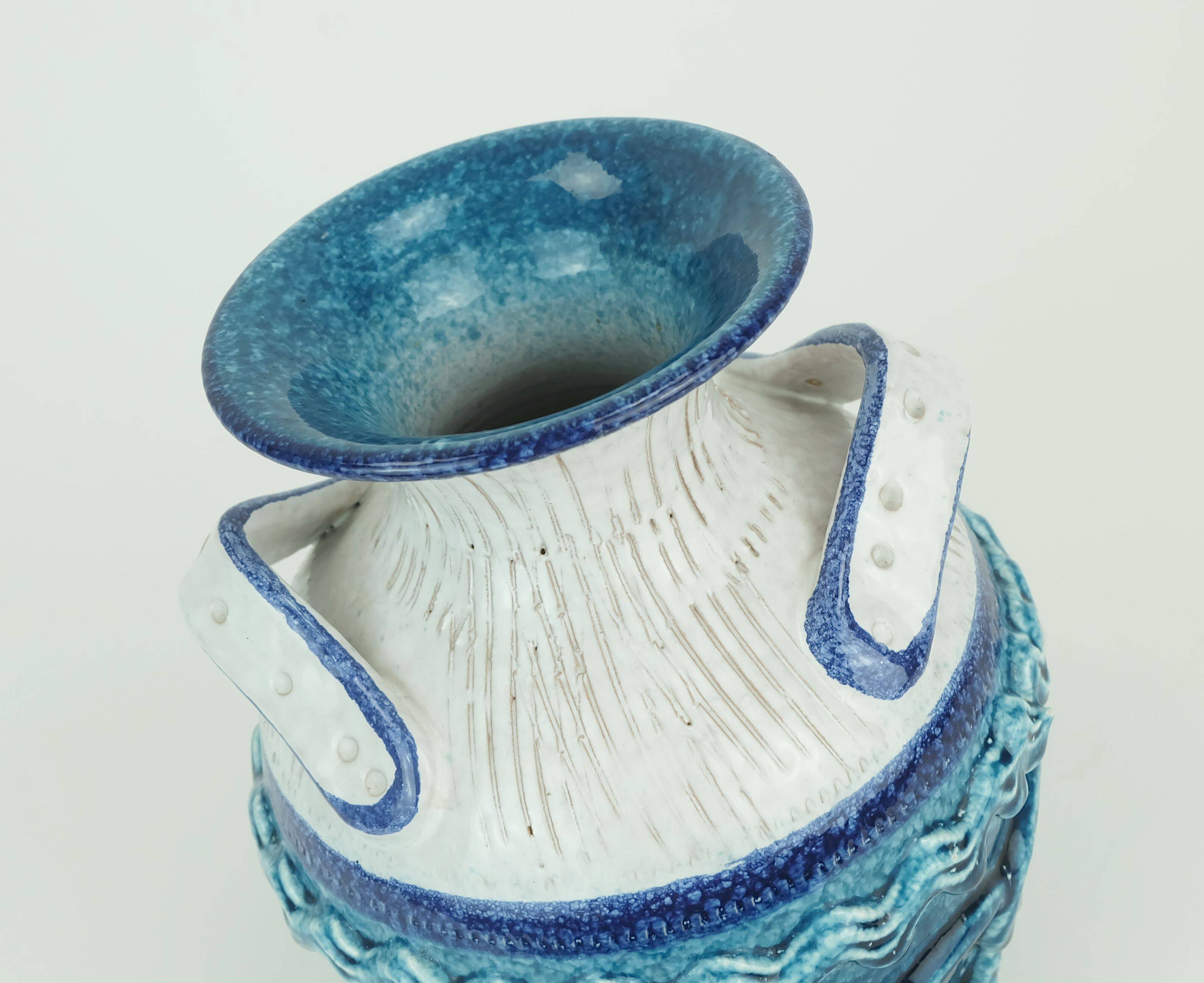 italian mid century VASE nuovo rinascimento relief decor white blue turquoise