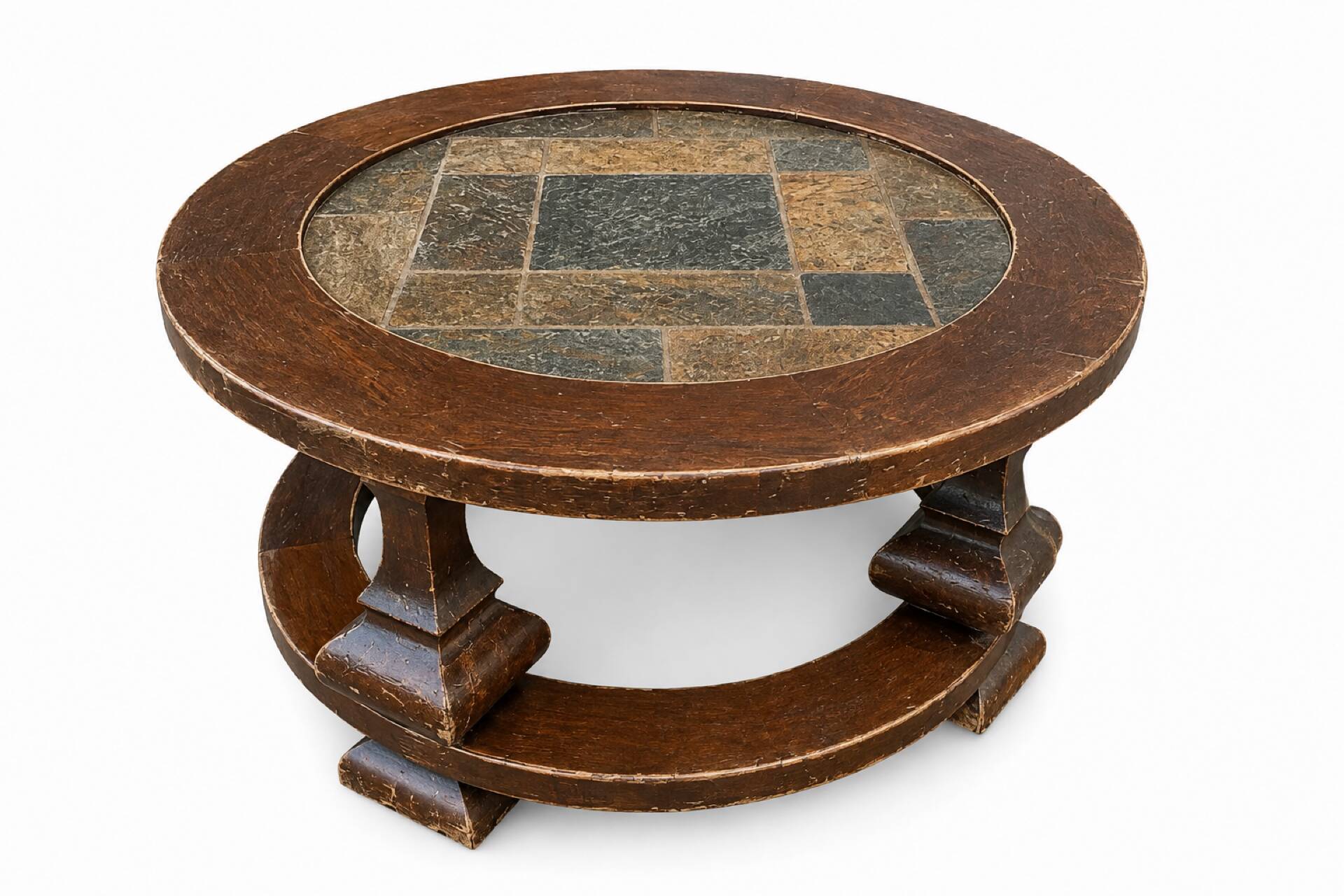 Round coffee table in stone and wood