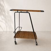 Vintage rolling dessert trolley in rattan and black metal – 1950s/60s