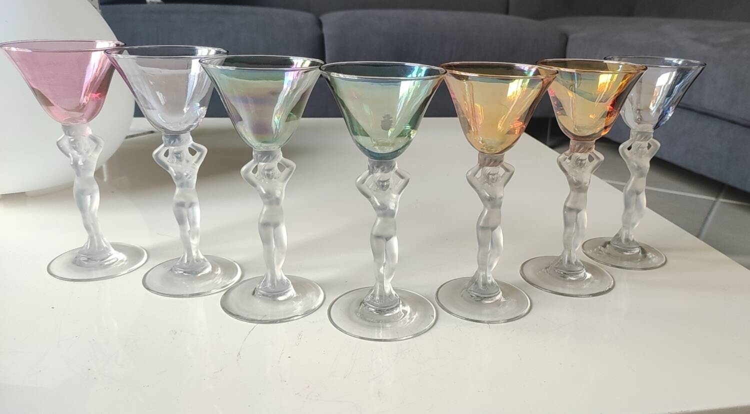 Set of 7 liqueur glasses. Royal Bayel crystal. Caryatid/Venus base.