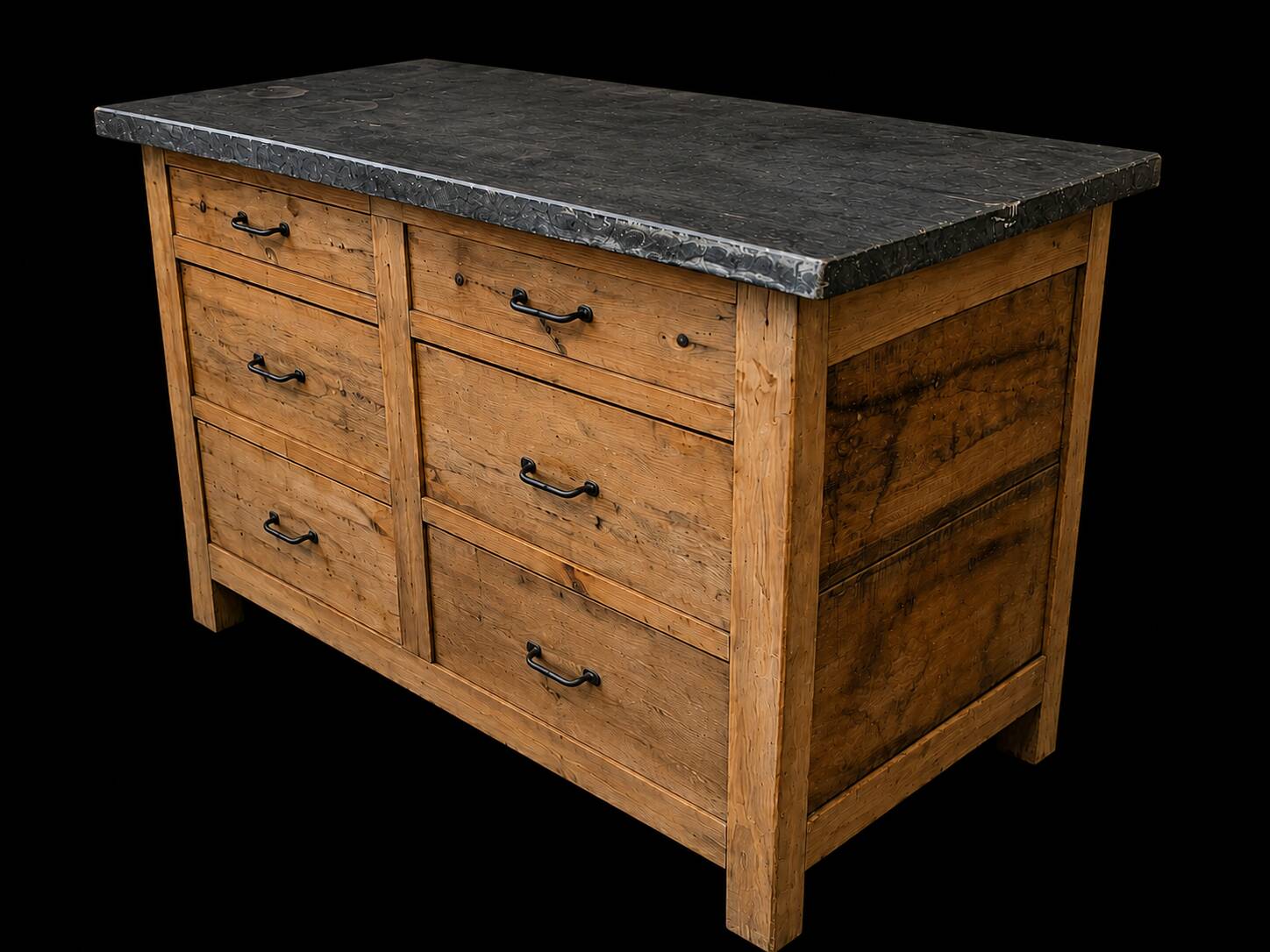Old wooden workshop furniture with a stone top.