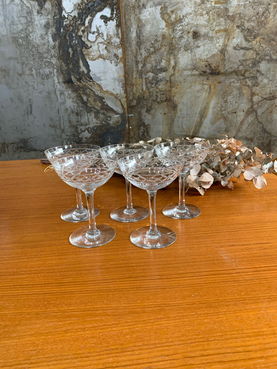 5 old champagne glasses