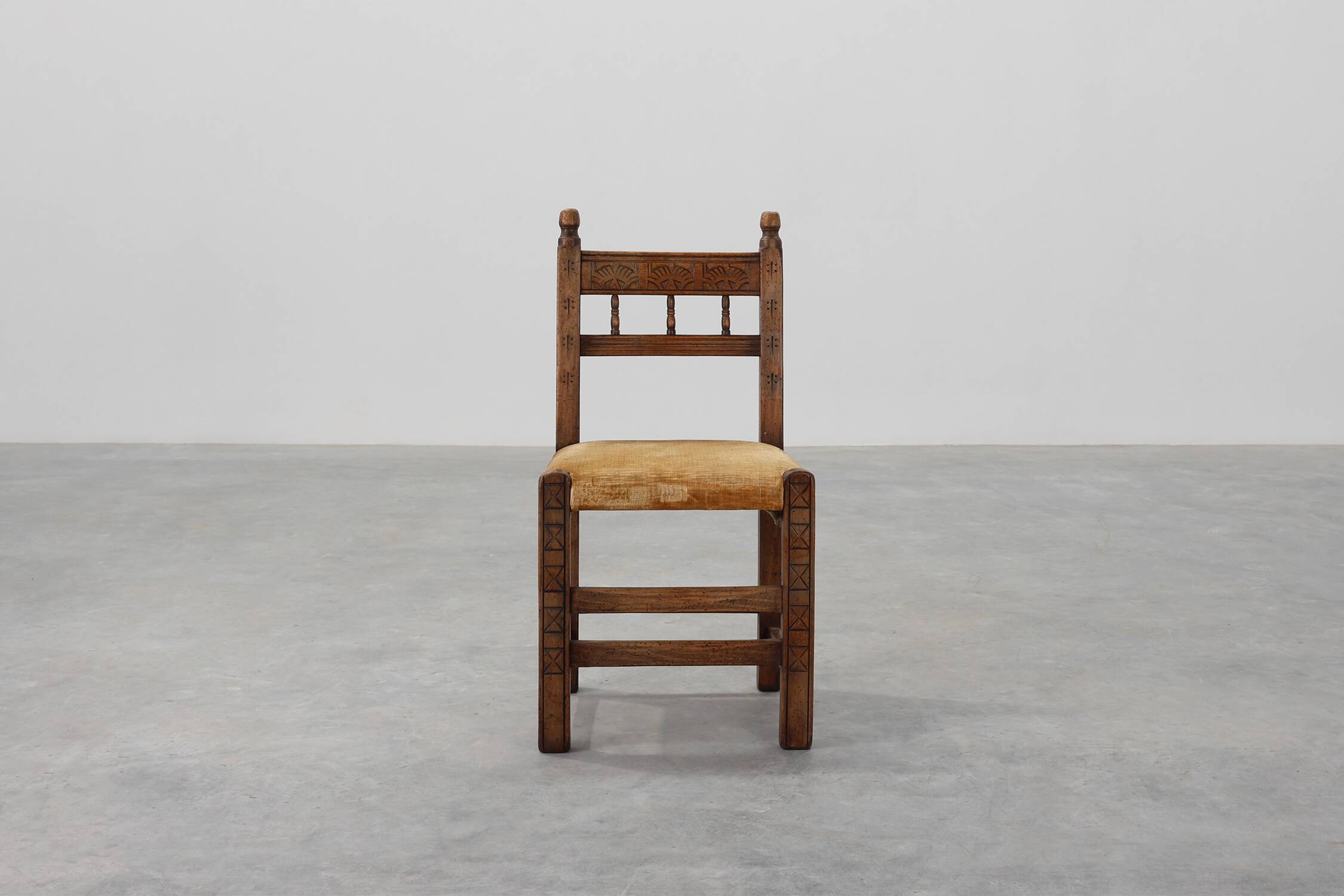 19th Century Spanish Hand-Carved oak Side Chair with Velour Seat