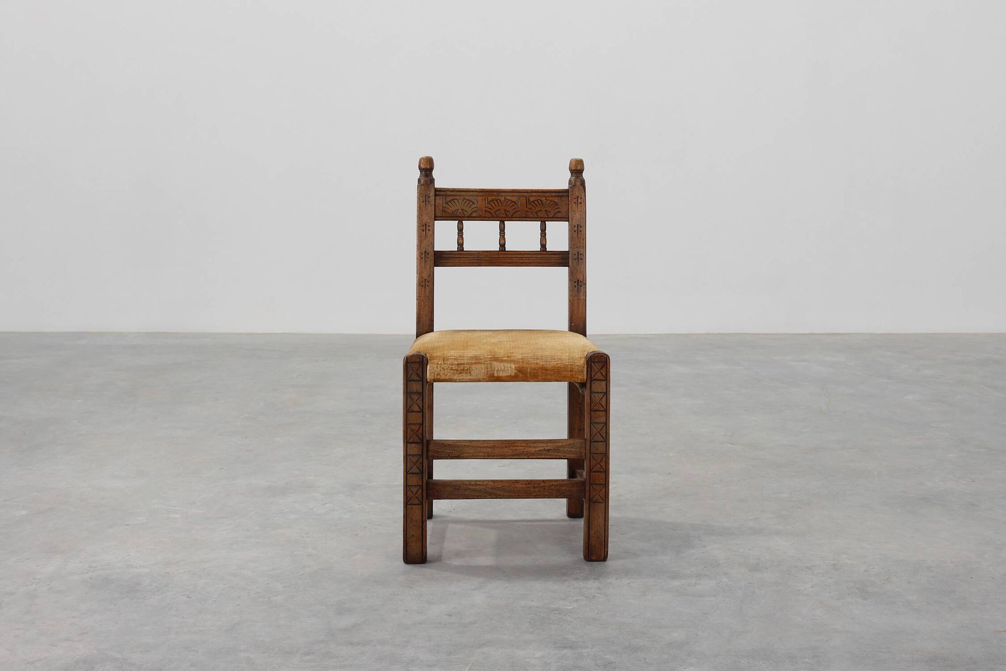 19th Century Spanish Hand-Carved oak Side Chair with Velour Seat