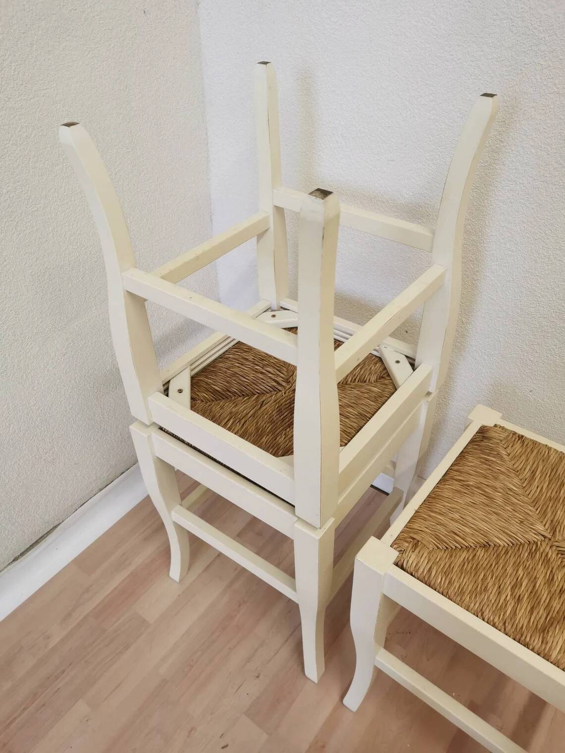 Set of 4 Vintage White Wooden Stools with Thatched Seats - 1970s Yugoslavia