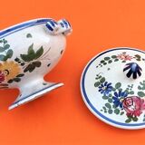 Small broth on pedestal Polychrome earthenware decorated with flower throws...