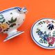 Small broth on pedestal Polychrome earthenware decorated with flower throws...