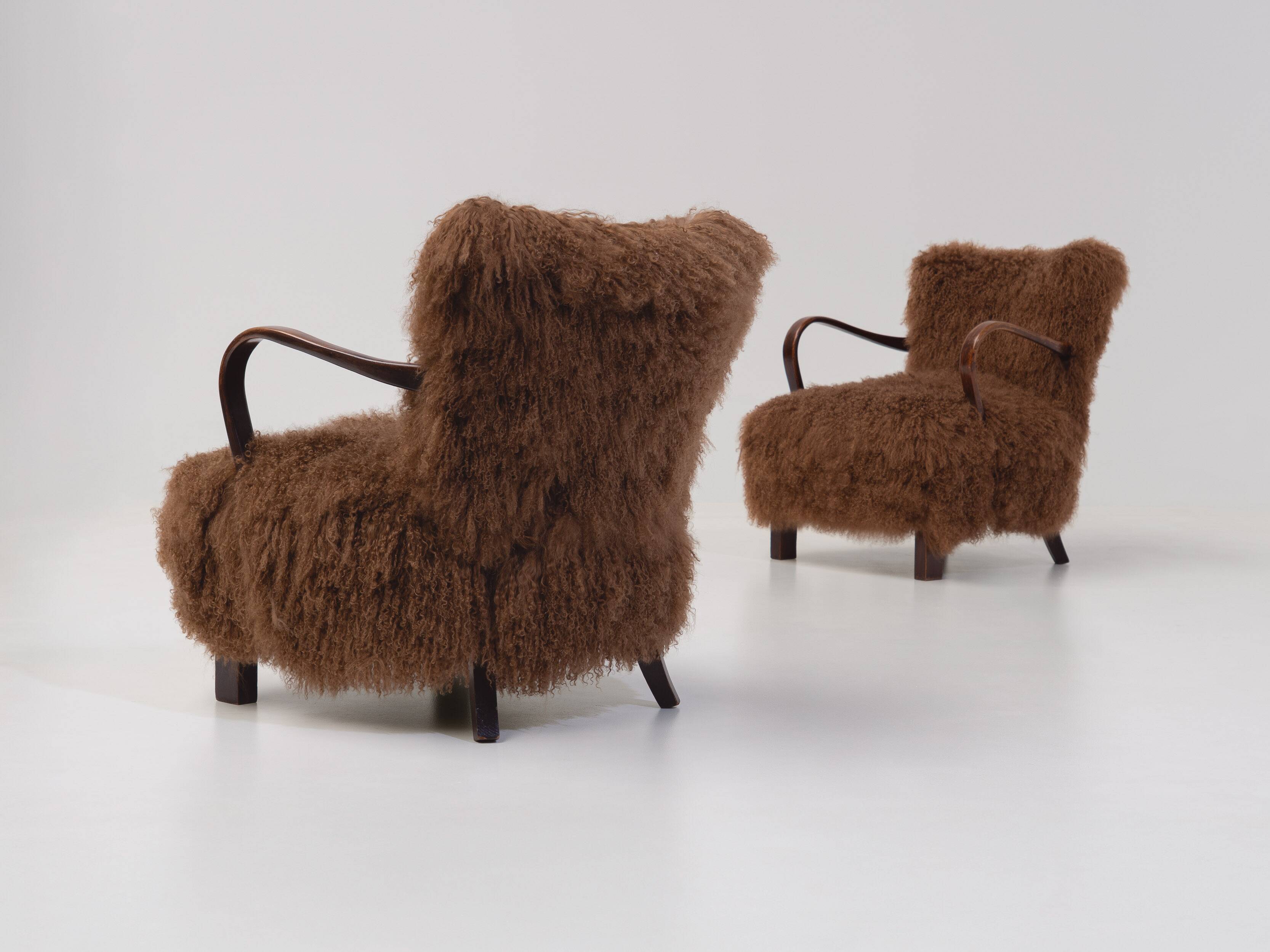 Caramel Scandinavian Art Deco Armchairs in Mongolian Sheepskin, 1950s