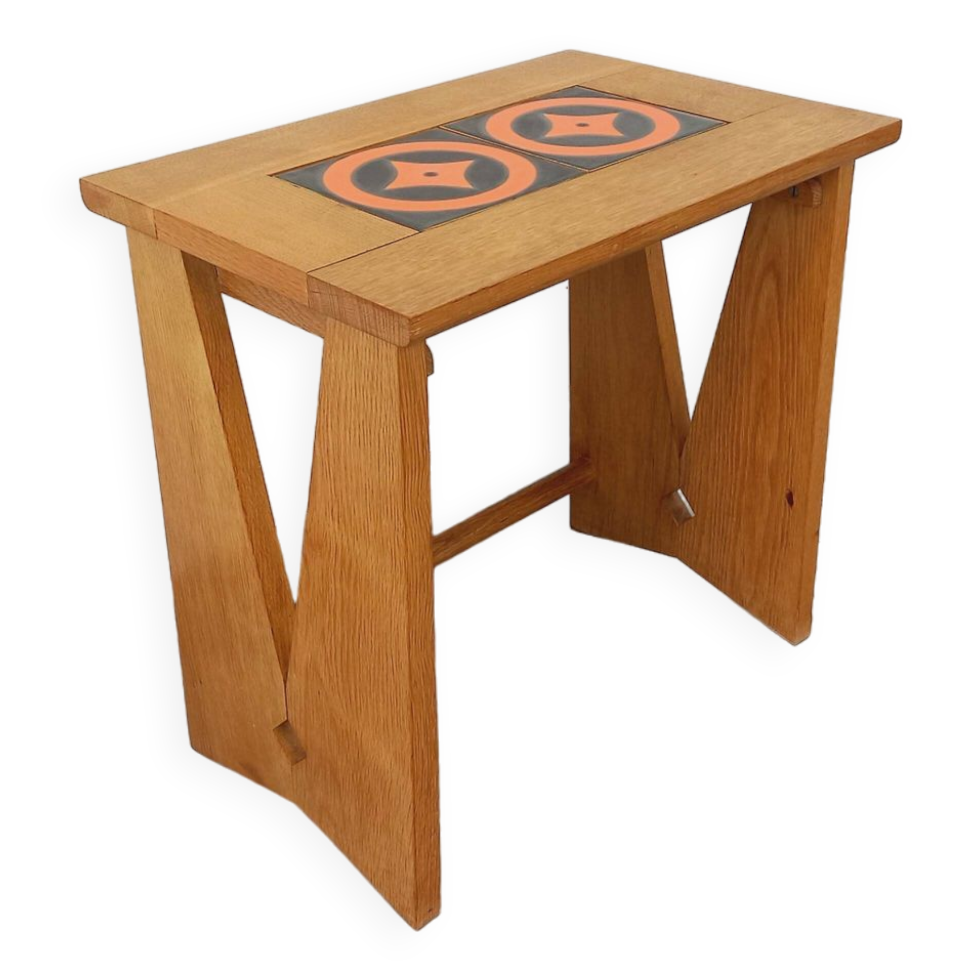 Vintage Guillerme and Chambron coffee and side table in solid oak and ceramic from the 50s and 60s