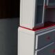 White mado buffet, red handles and tray, hen grill