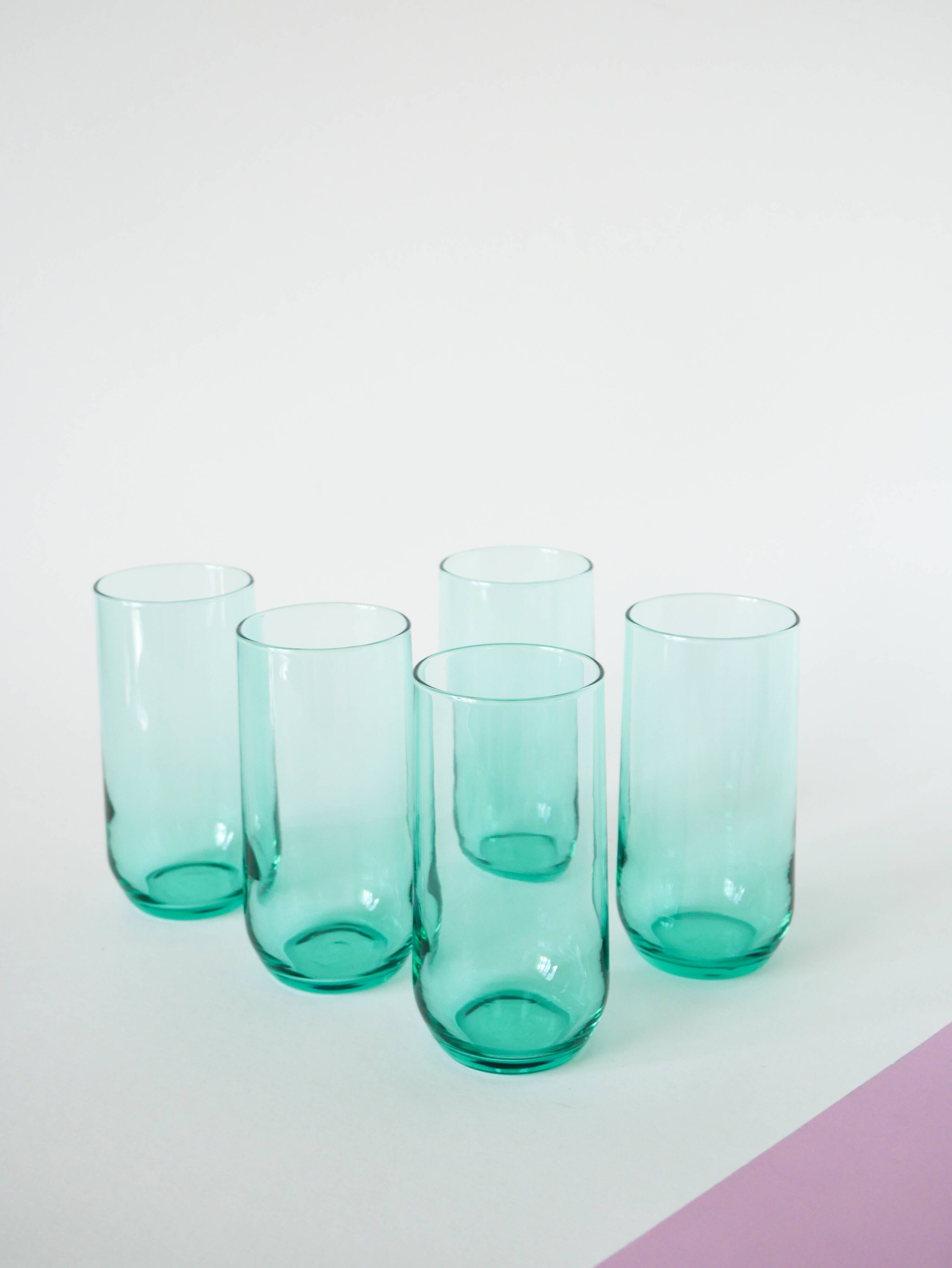 Set of 5 Long Drink water glasses in green glass, 1970