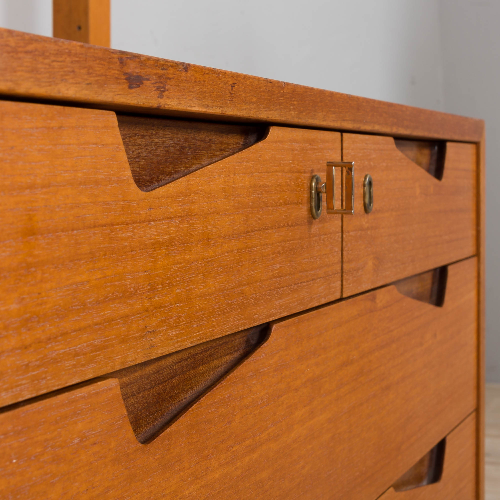 Rival 2 bay free standing teak wall unit with 3 cabinets and 3 shelves by Brodrene Jatogs Norway, Kj