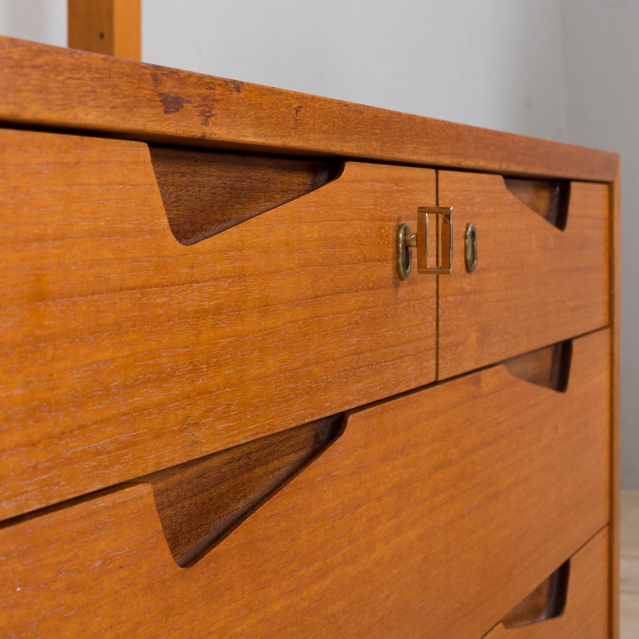 Rival 2 bay free standing teak wall unit with 3 cabinets and 3 shelves by Brodrene Jatogs Norway, Kj