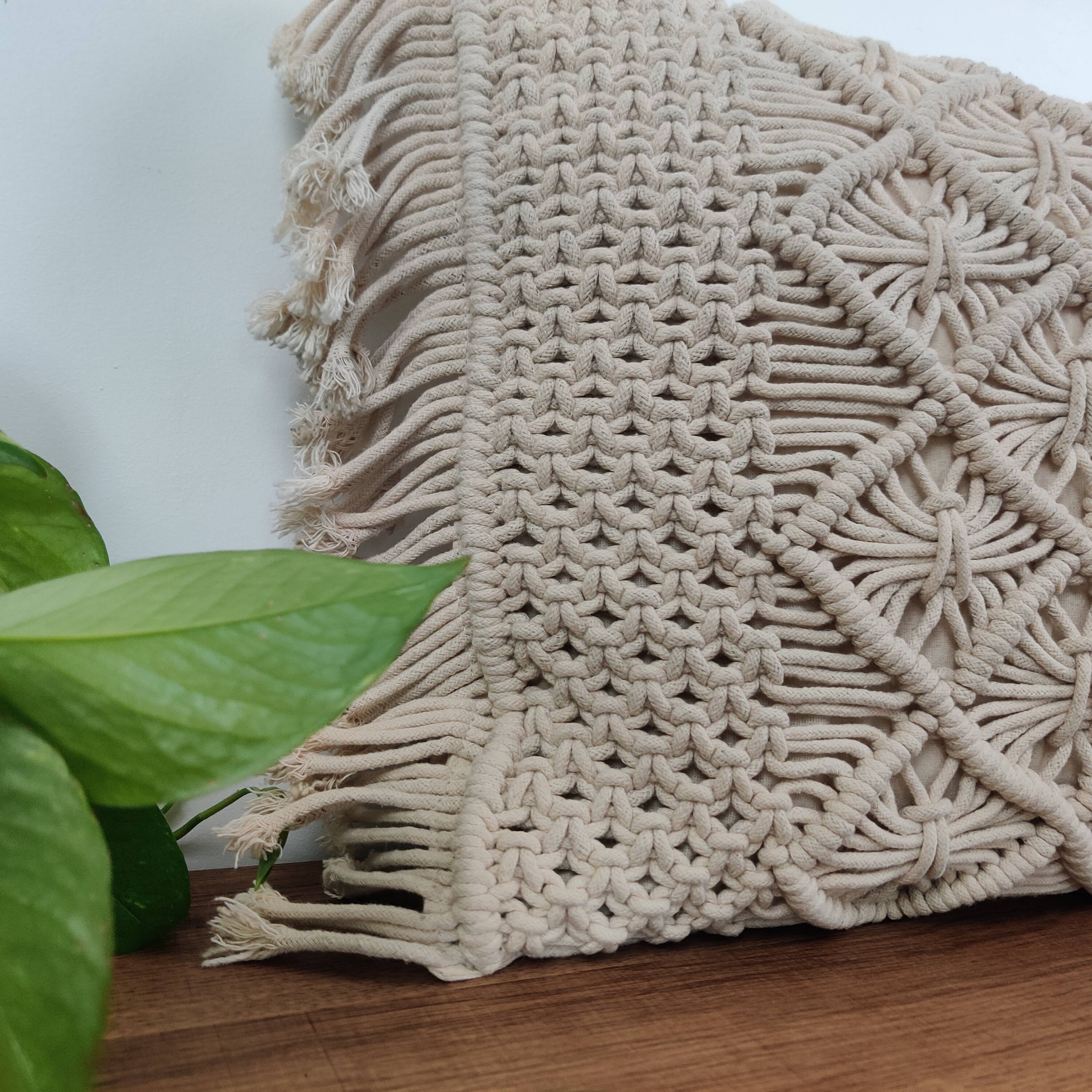 Beige braided macrame cushion 30x50 cm