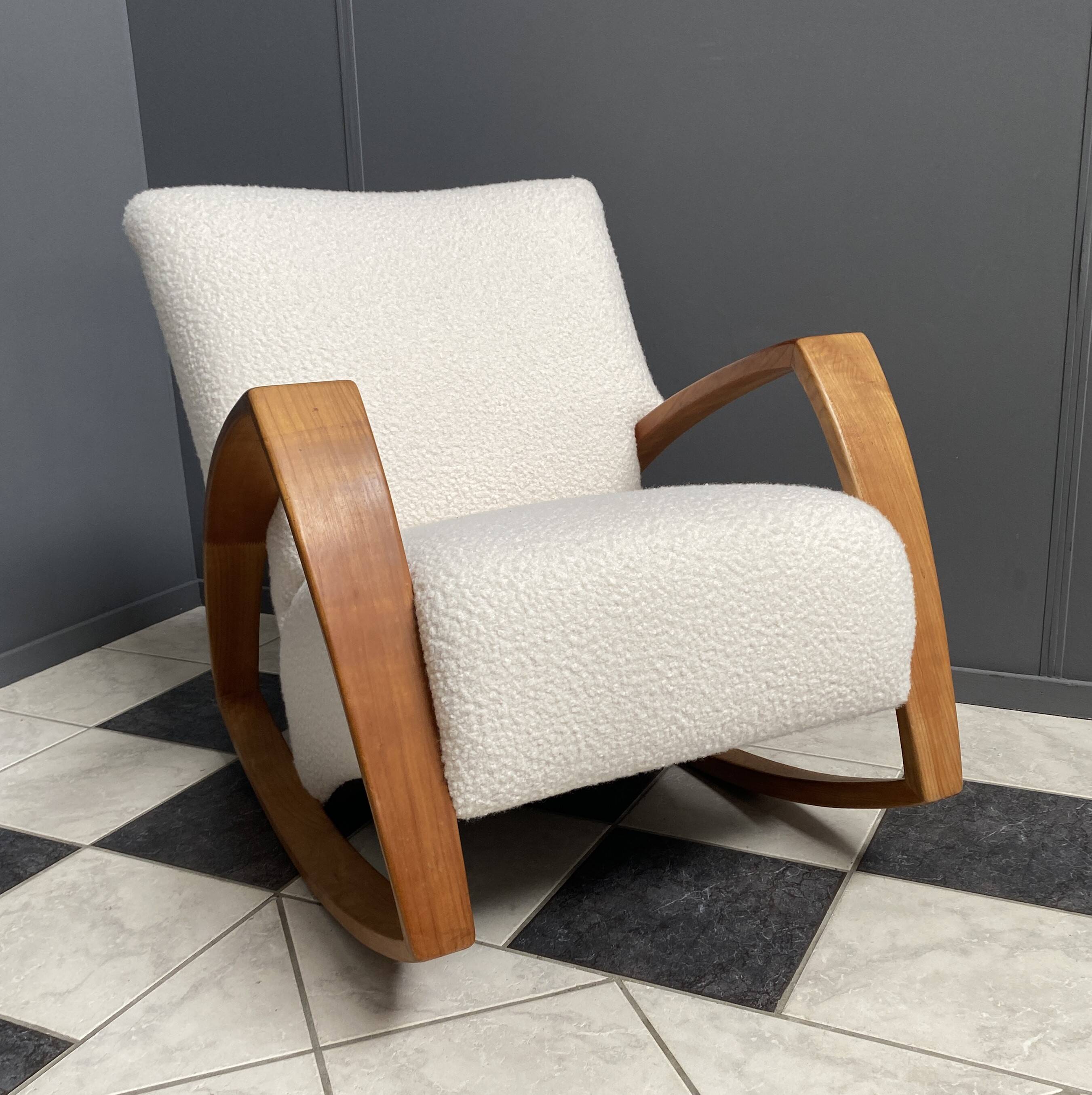 Large white boucle fabric rocking chair