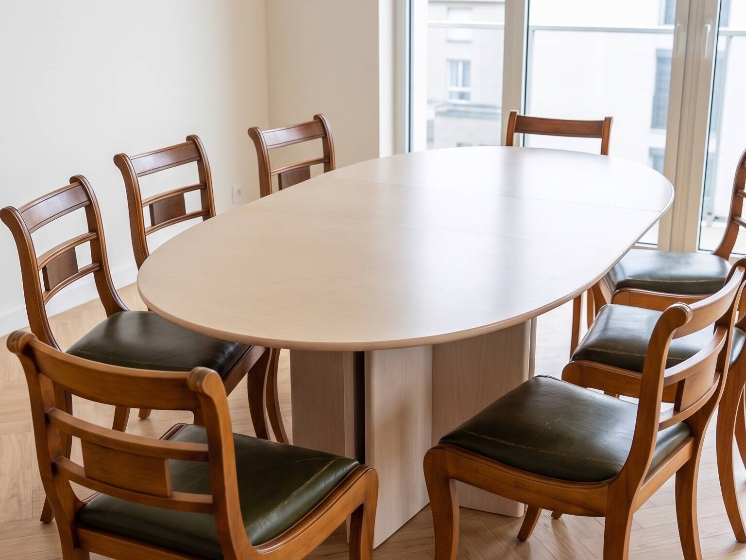 Set of 14 vintage chairs in solid wood and green leather.