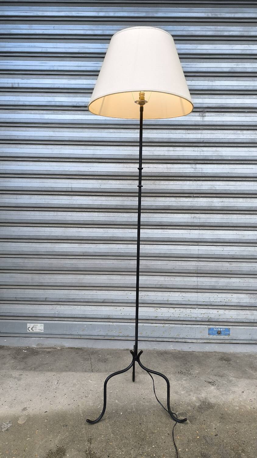 1950s wrought iron tripod floor lamp