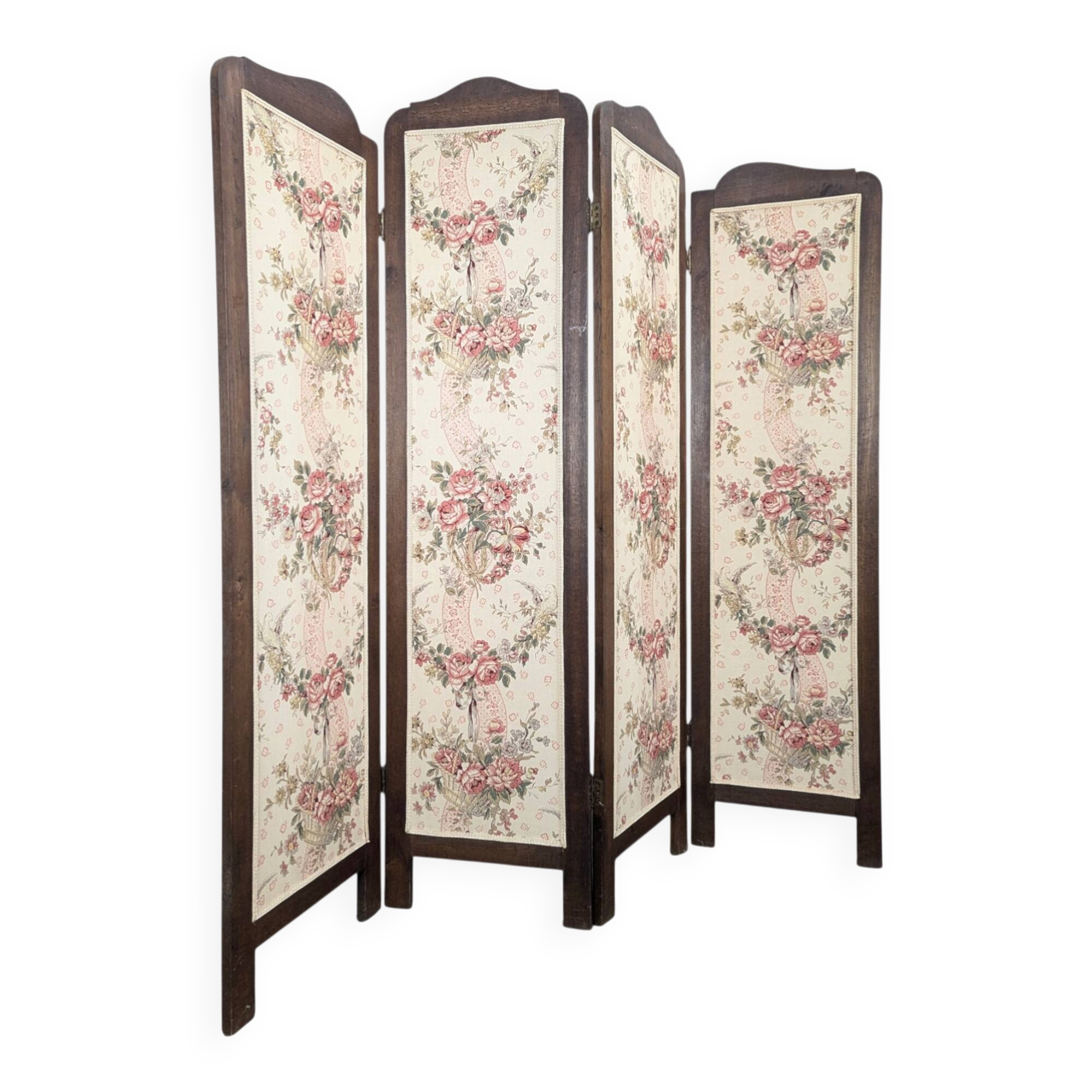 Four-panel oak screen adorned with floral upholstery from the 1930s.