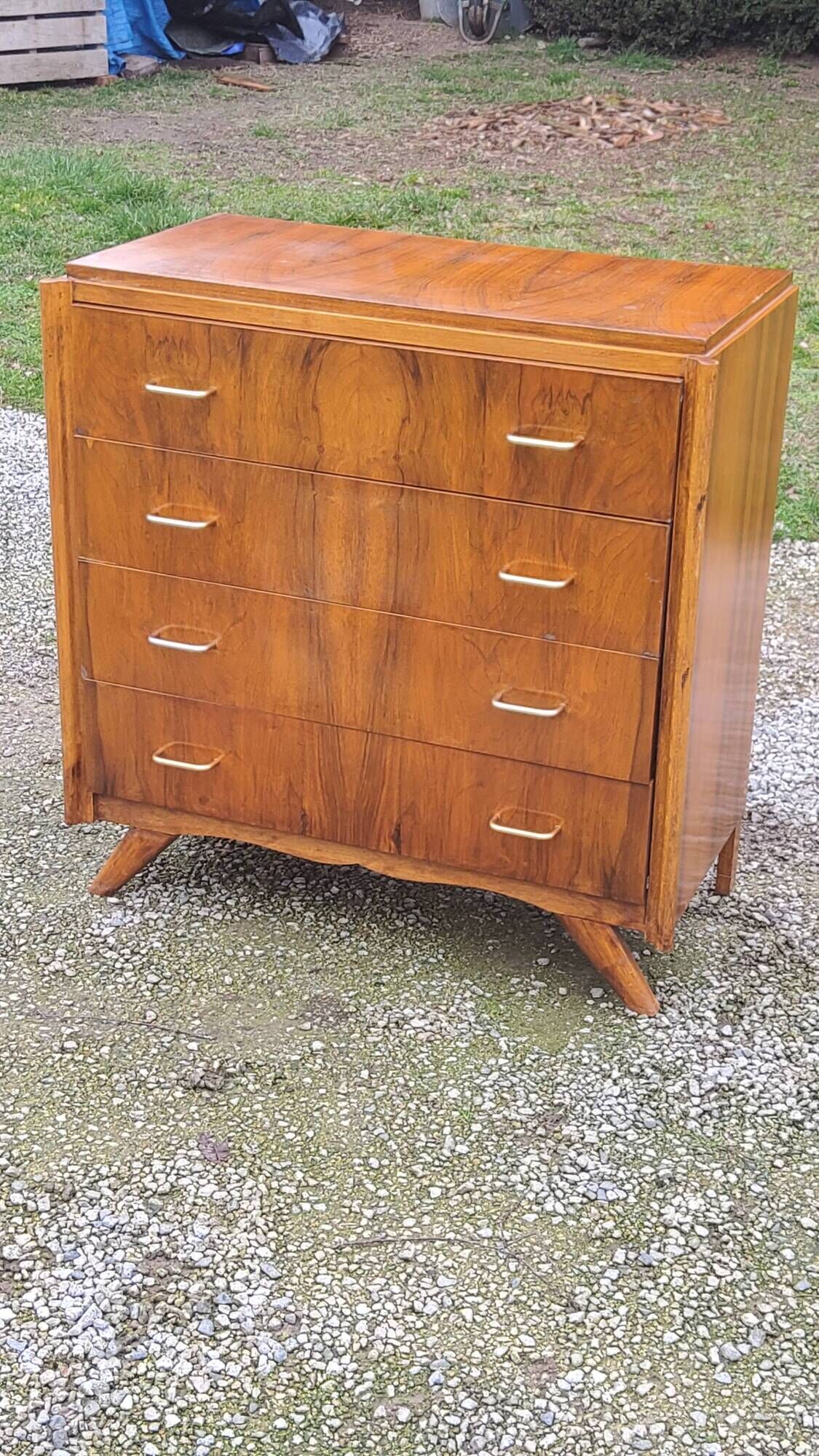 Vintage chest of drawers in walnut compass legs 4 drawers from the 1950s