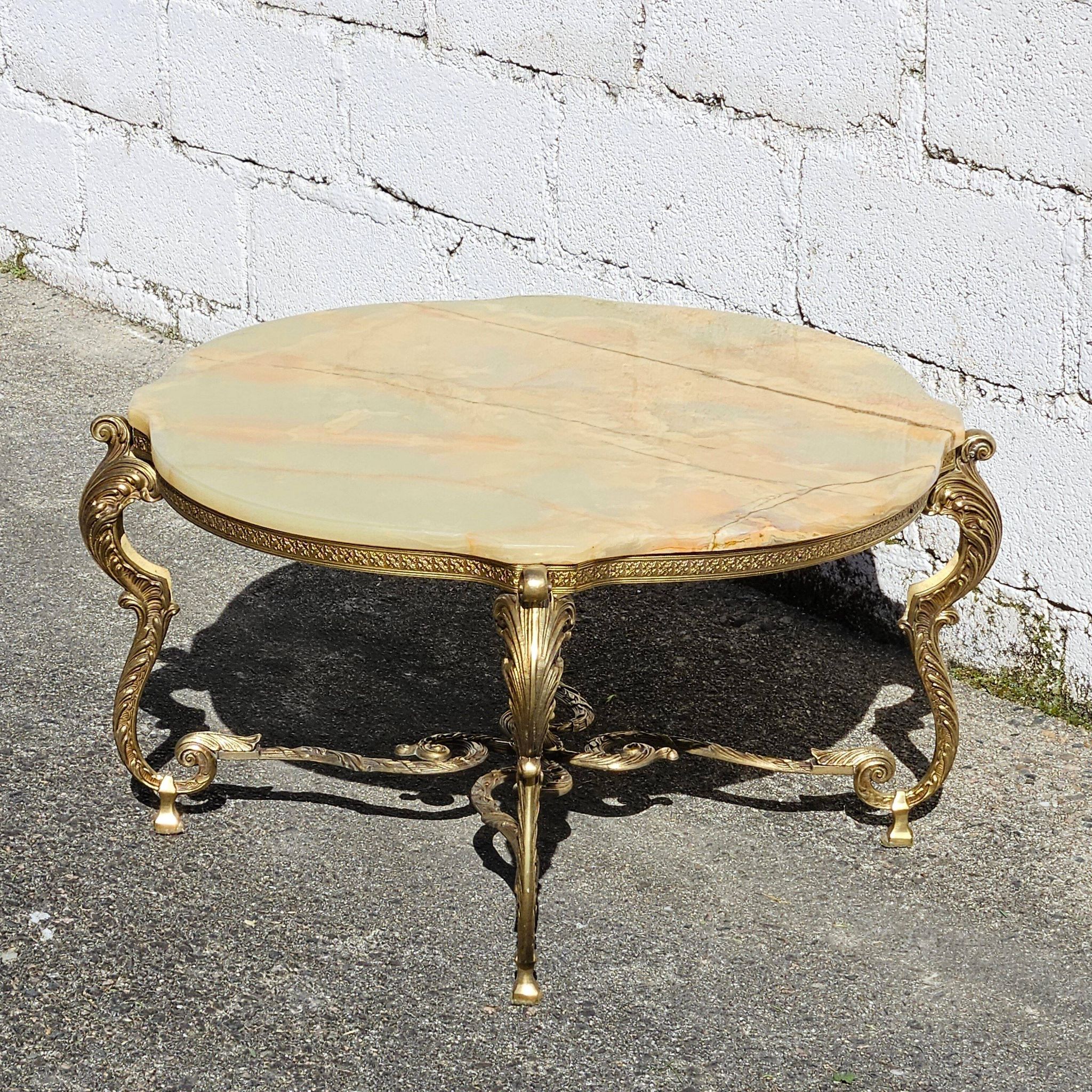 French Vintage Onyx Marble Bronze Coffee Table Style Louis XV 60s