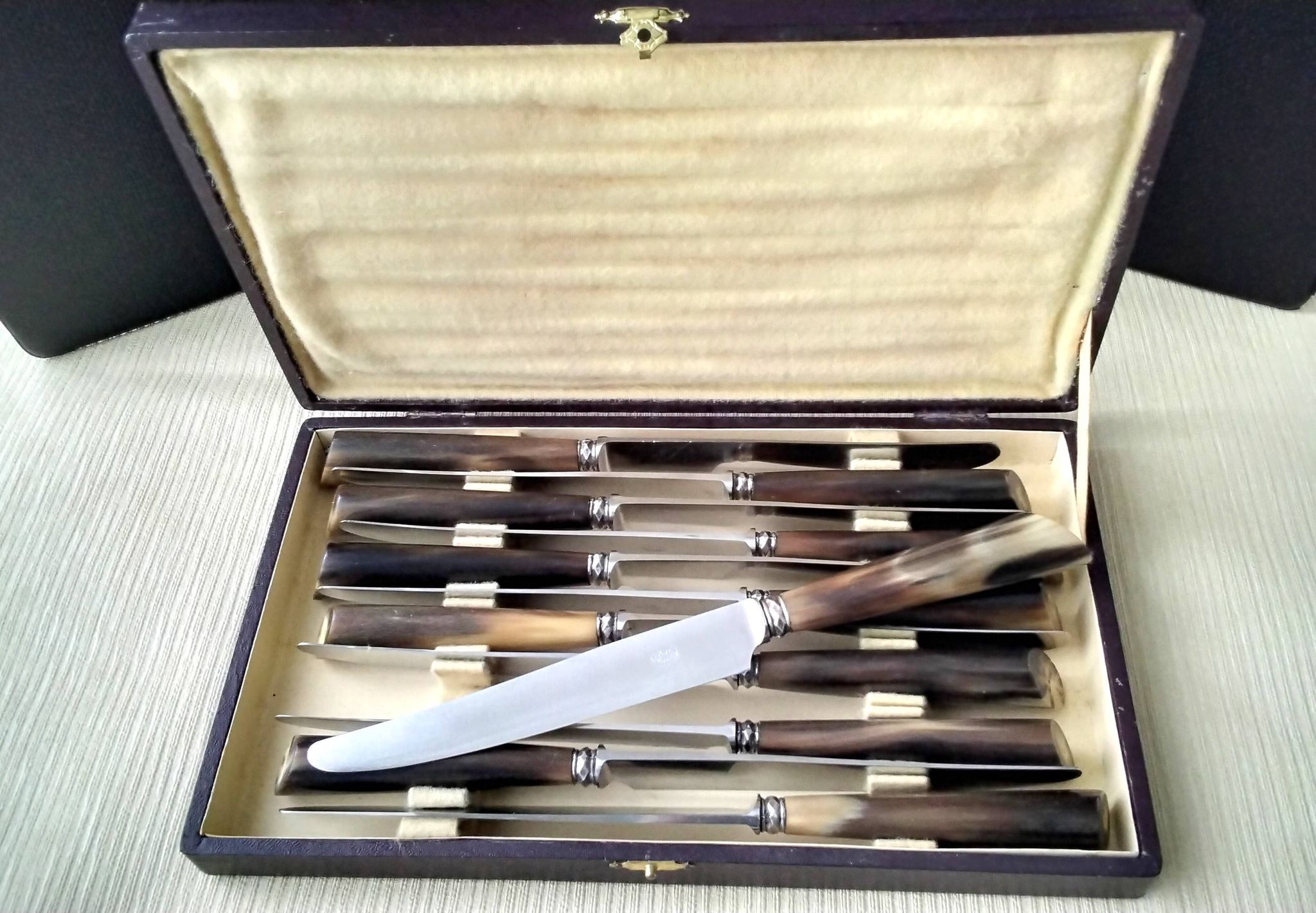 Box of 12 table knives with horn handles, silver-plated metal and stainless steel.