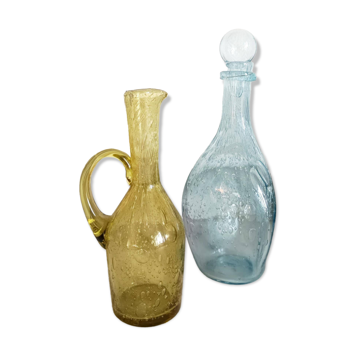 Two bubble glass carafes