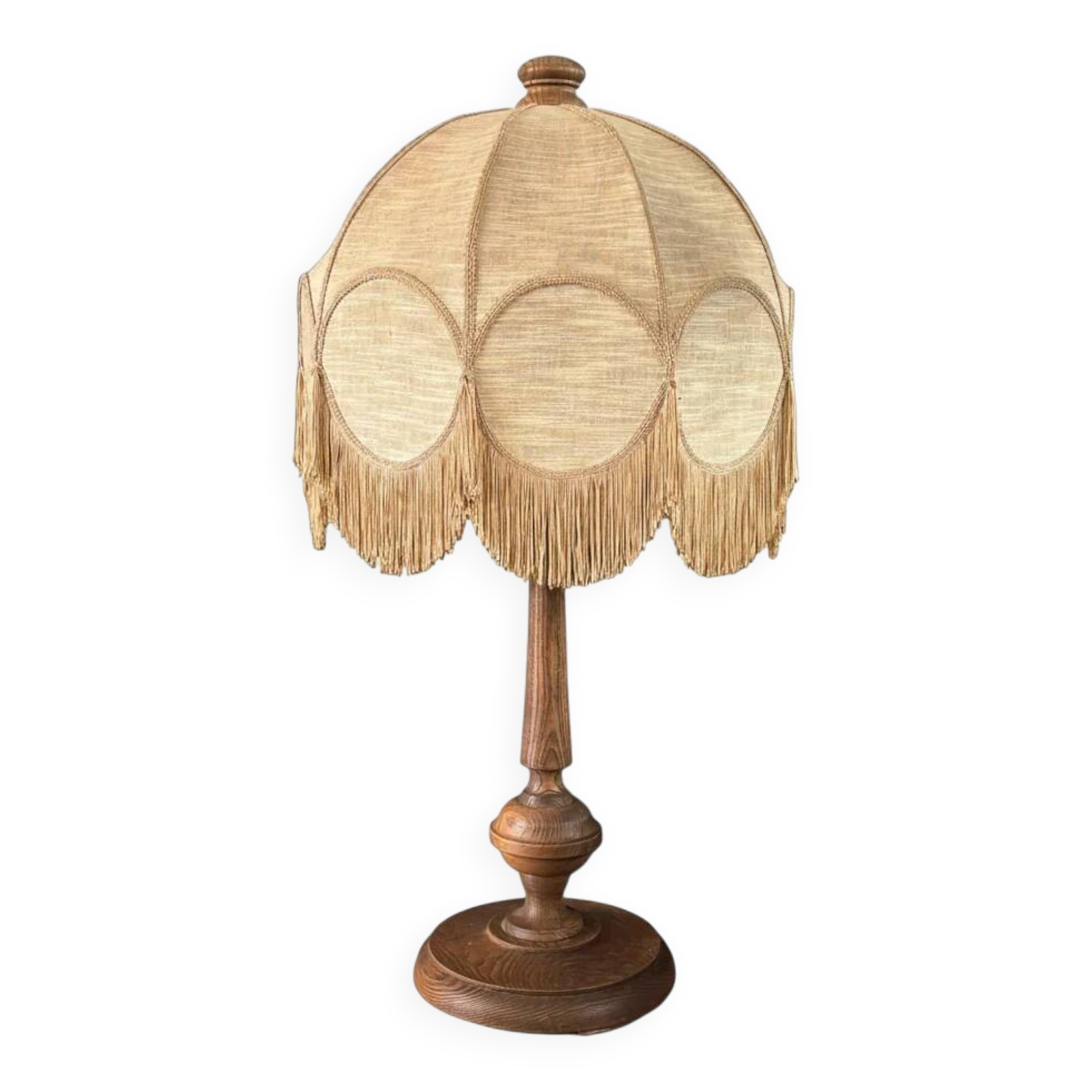 Grande lampe de salon pied bois et abat-jour à franges - Ref 1371