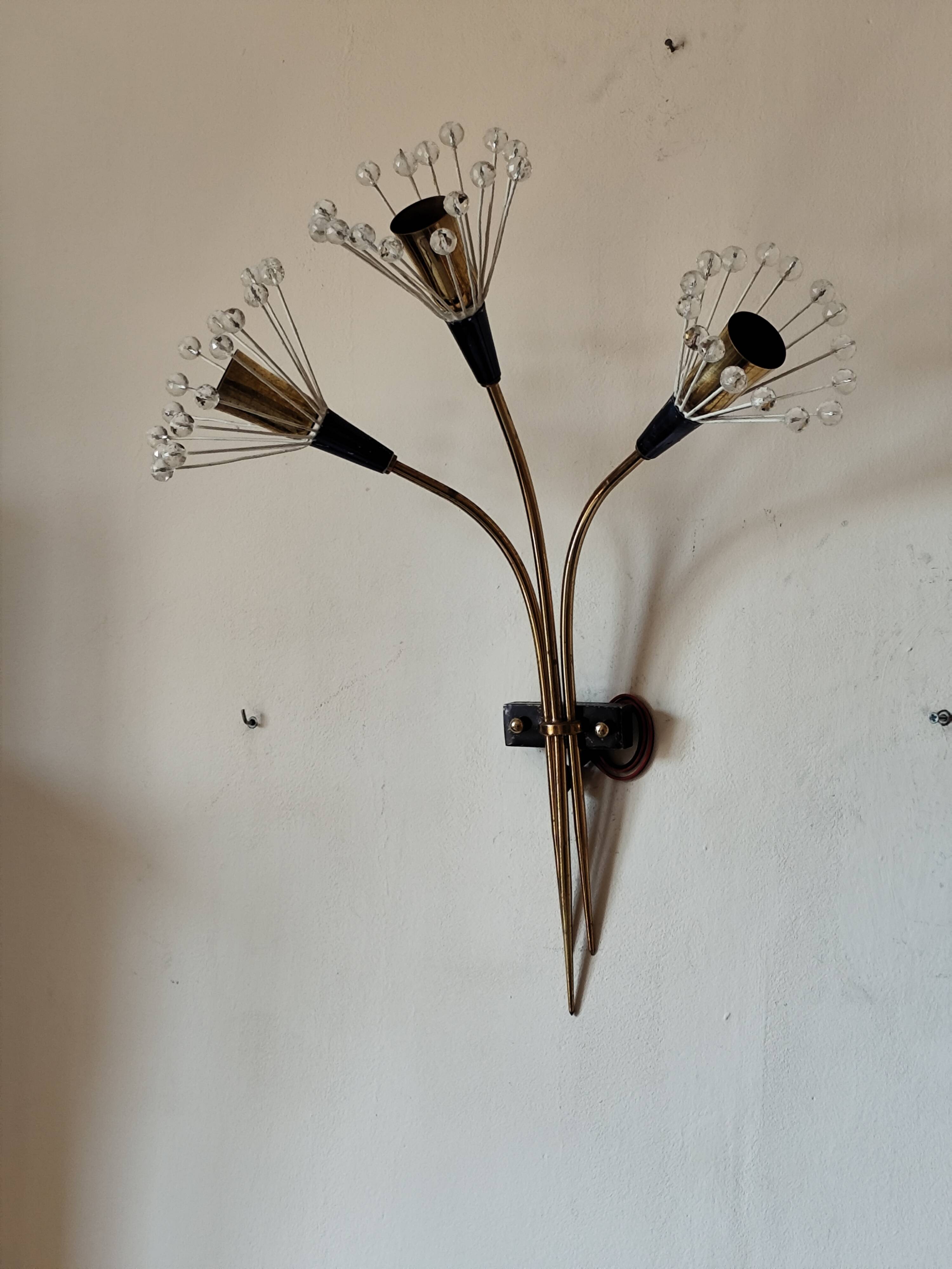 Wall lamp with 3 lights, brass and crystal balls, 1950s.