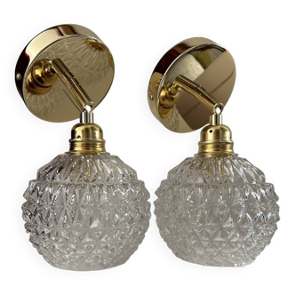 Pair of vintage globe wall lights in chiseled glass