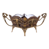 Art Nouveau platter with ceramic insert in openwork metal basket, burgundy glaze with gilt accents