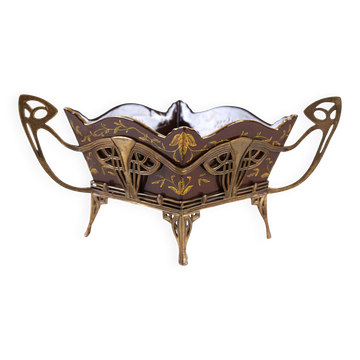 Art Nouveau platter with ceramic insert in openwork metal basket, burgundy glaze with gilt accents