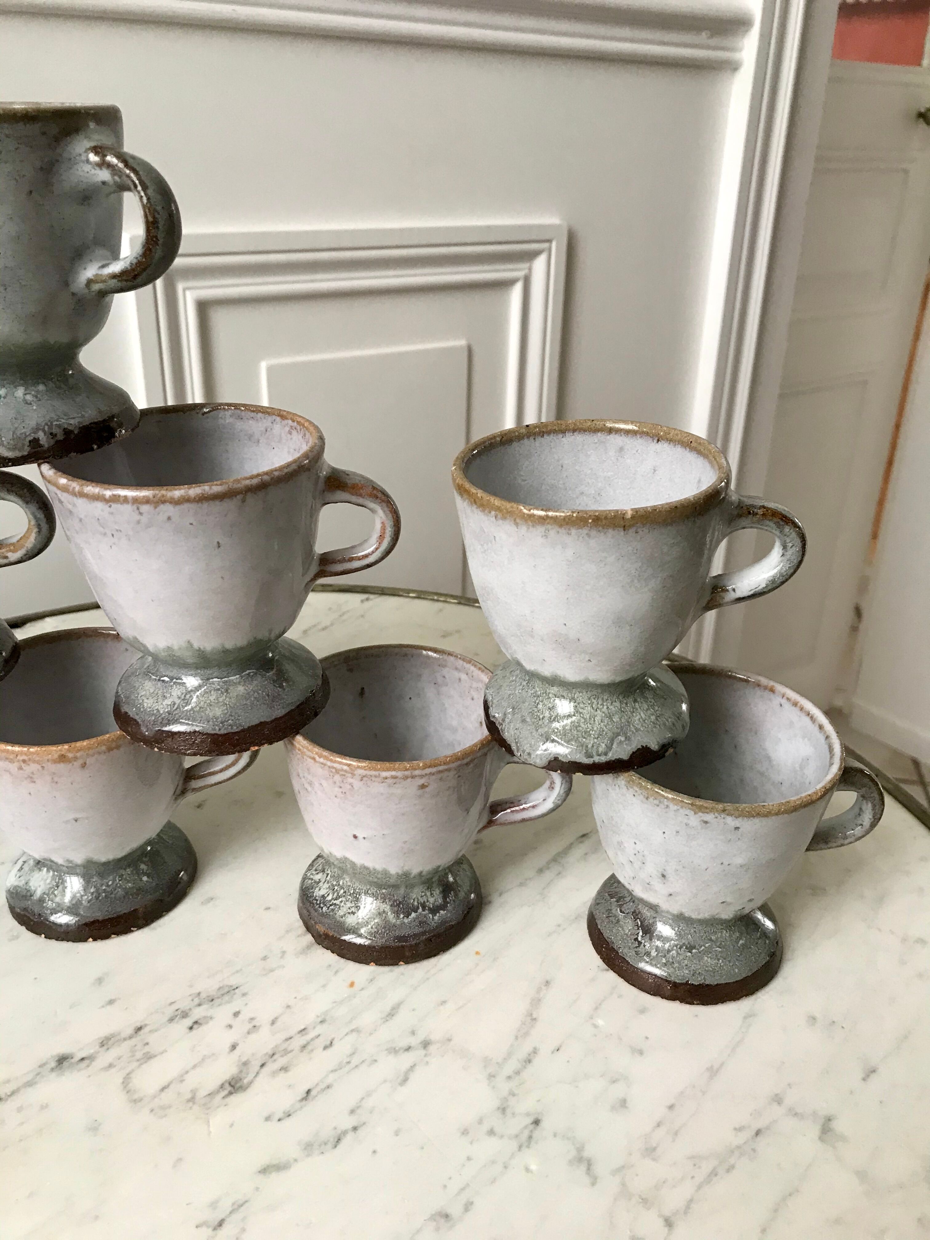 Set of 8 coffee cups, stoneware mazagrans handcrafted signed 70s