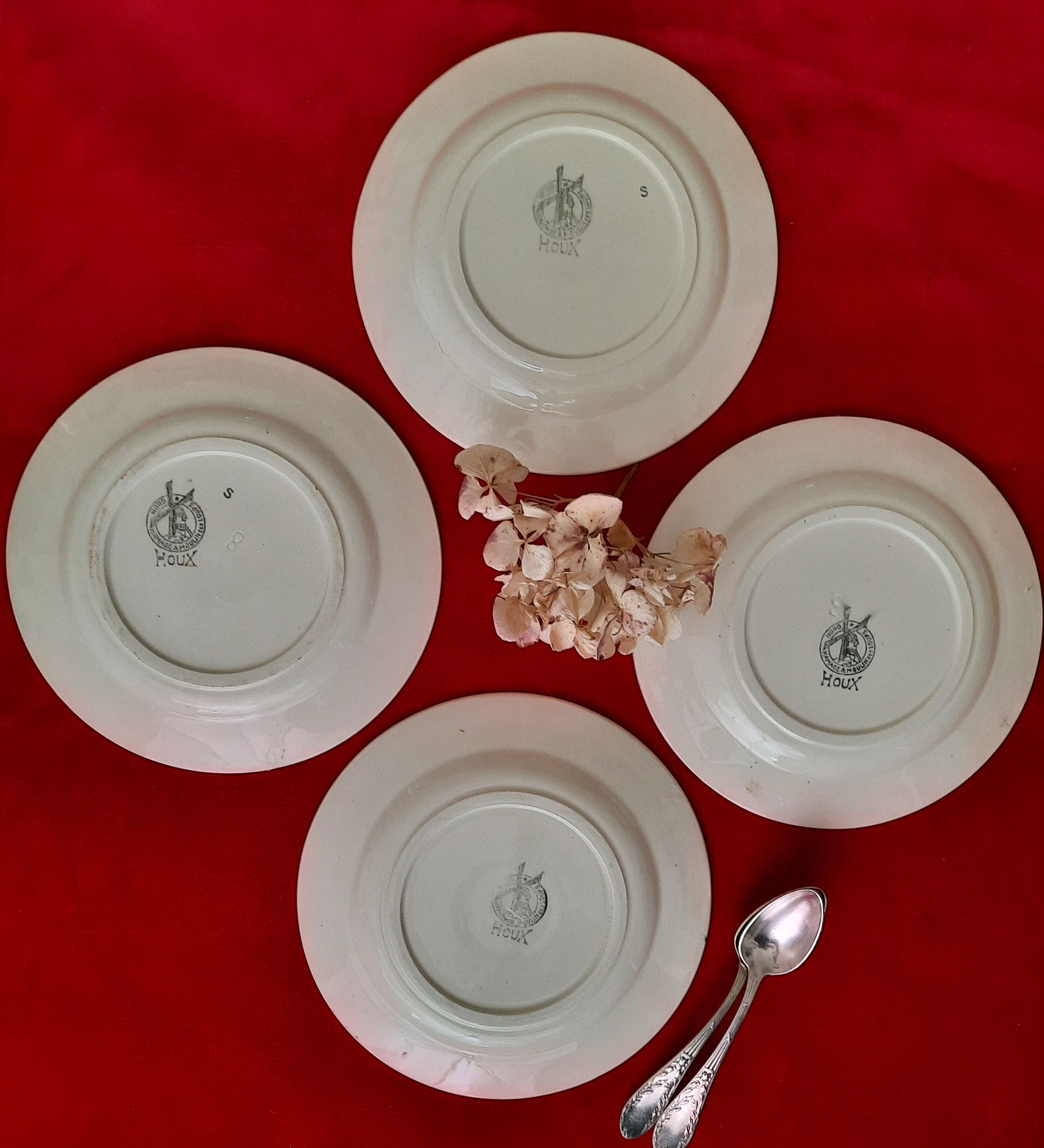 Flat, dessert, hollow plates and tureen in old earthenware